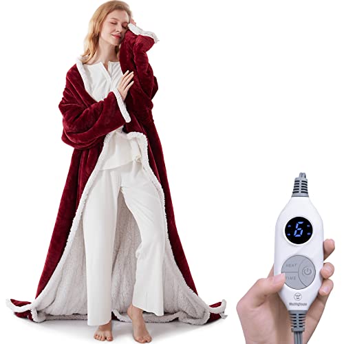 Westinghouse Wearable Heated Blanket with Foot Pocket, Sherpa 50x70+18 Red | Electric Snuggle Throw with Foot Pocket, Flannel Sherpa 6 Heating Levels & 2-10 Hours Auto Shut Off, Home Office Use - color: Christmas Red&ivory, size: 70*50" Heated Snuggle Bla