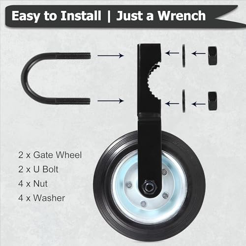 6" Heavy Duty Farm Gate Wheel - 500LB Solid Rubber Gate Helper Wheel for 1-5/8" Thru 2" Metal Tube/Swing Gate, Chain Link Fence, U-Bolt Install, 2 Pack