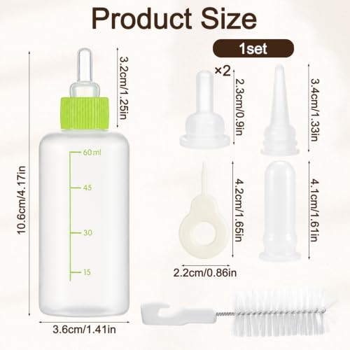Pet Nursing Kit for Kittens Puppies, 1 Bottle with 4 Shaped Nipples | Syringe Clean Brush, Newborn Small Animal Feeding Set, Kitten Bottle Feeding Supplies(Round Pointed Cylindrical)