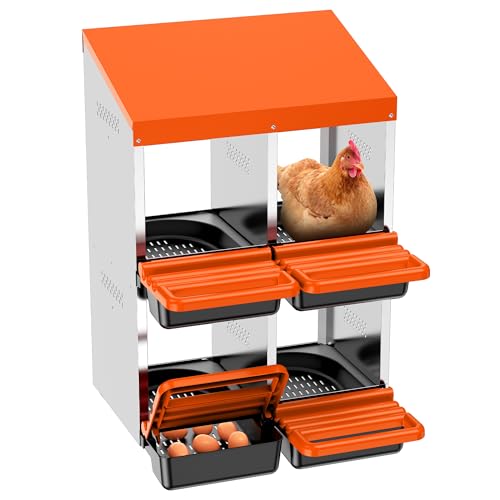 Chicken Nesting Boxes, Roll Away Nest Box for Egg Collector, 4 Holes Orange | Metal Nesting Box for Laying Eggs with Lid Cover to Protect Eggs, Easy Wipe, Slide Out for Quick Bedding Change and Rinse - size: 4 Holes