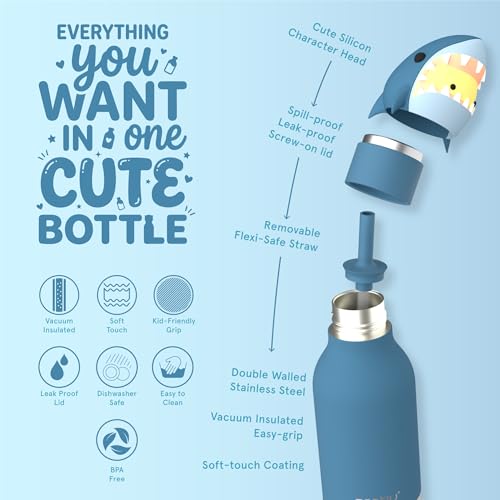 asobu Bestie Water Bottle, Cute Collectible Character, Leak Proof, BPA Free | 16 oz, Stays Cold 24 Hours, Double Wall Vacuum Insulation, Food Grade Stainless Steel, Spill Resistant, Great Gift Idea - color: HURLEY THE SHARK