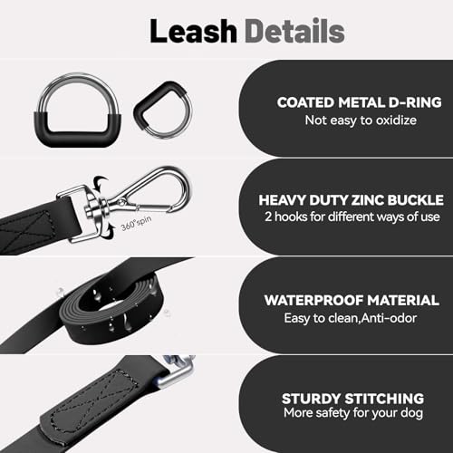 Waterproof Dog Leash with Poop Bag Holder, 5FT/6FT Adjustable Length with 2 Swivel Hooks, Odor-Free & Easy-Clean Dog Lead for Large Medium Small Dogs - color: Black, size: 6FT - 3/4inch Width