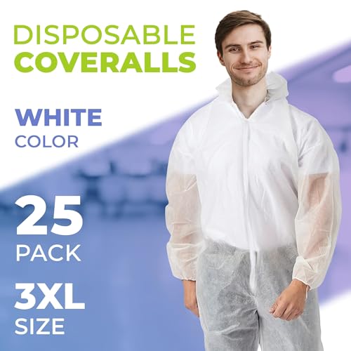 AMZ Medical Supply Disposable Coveralls with Hood and Boots, 3X-Large White, 25 Pack, Lightweight Polypropylene Paint Suit, Zipper Front, Elastic Wrists, Unisex Work Coveralls - size: 3X-Large / 25 Pack