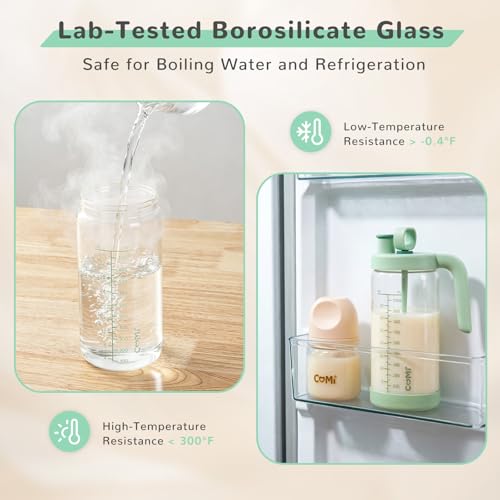 COMI Glass Formula Mixing Pitcher with Easy-Blend Handle Lid, 32oz Leakproof Breast Milk Pitcher with Silicone Protective Sleeve, Designed for the Pitcher Method Breastmilk, BPA Free, Green