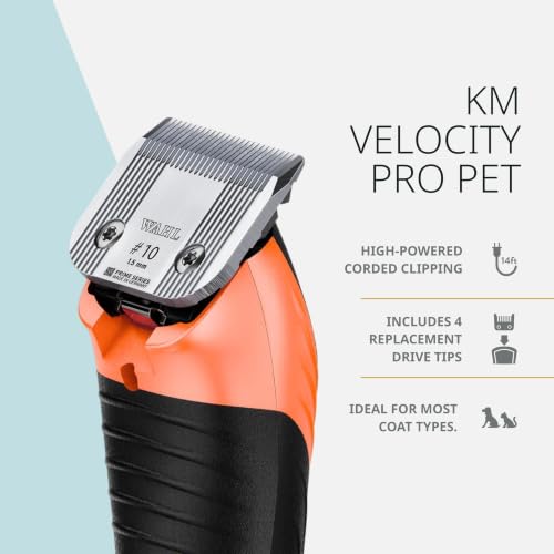 Wahl Pro Animal KM Velocity Corded Clipper, No-Slip Grip, Detachable Blades | Corded Clipper for Dogs, Cats, and Horses, LOCKGUARD Technology, No-Slip Grip for All-Day Comfort, Includes Detachable Blades