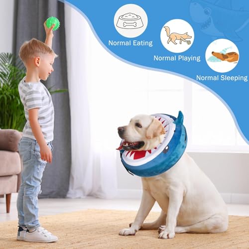 SCENEREAL Dog Cone Alternative After Surgery for Small Medium Large Dogs | Inflatable Cone Collar for Dogs Cats, Adjustable Soft Recovery Donut Collar to Prevent Licking, Shark Print E-Collars - color: Blue Shark, size: L(Neck 16"-18")