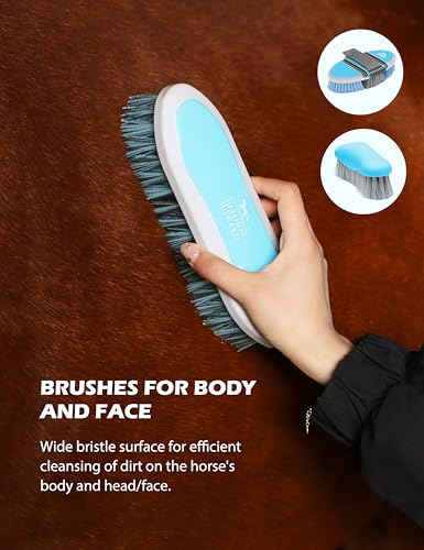 Harrison Howard Complete Horse Grooming Set, 11-Piece Advanced Daily Grooming Tools with Extra Brushes for Full Horse Care Blue Brushstroke Ponies - color: Blue