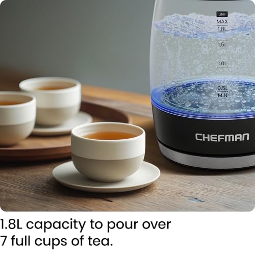 Chefman Electric Kettle, 1.8L 1500W, Hot Water Boiler, Removable Lid for Easy Cleaning, Auto Shut Off, Boil-Dry Protection, Stainless Steel Filter, BPA Free, Borosilicate Glass Electric Tea Kettle - color: Black