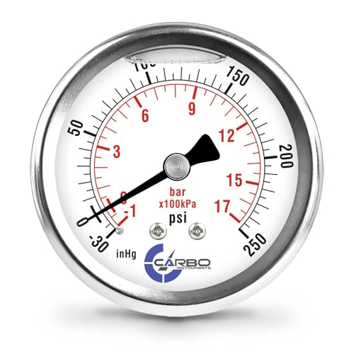 Compound Pressure Gauge -30 inHg to 250 PSI, Liquid Filled, 2.5" Dial, 1/4 NPT Back Mount, 304 Stainless Steel Case, Brass Wetted Parts, Dual Scale PSI/inHg - ASME B40.1 Grade A - size: -30 inHg to 250 PSI, style: STANDARD