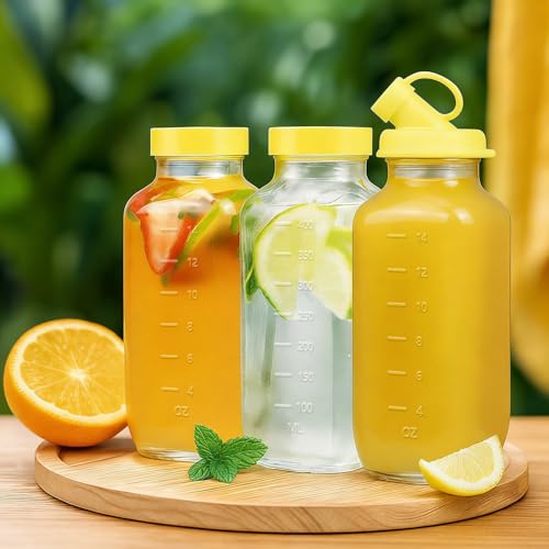16 oz Glass Milk Bottles with Pour Dispenser, Reusable Juice Bottles with Airtight Lid for Fridge, Glass Pitchers with Scale, Gift for a New Mother - size: 4 pack