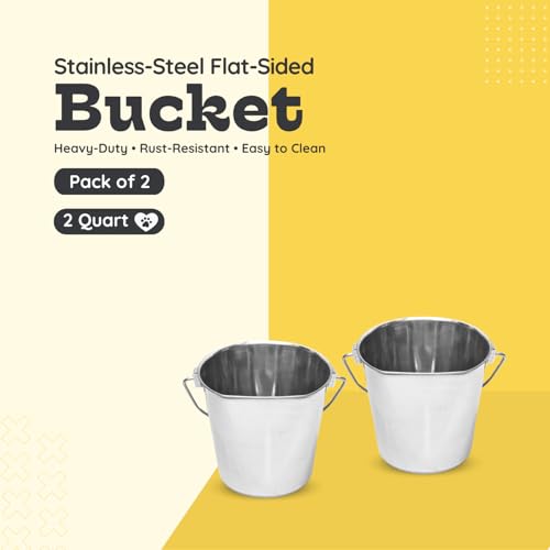 Flat Sided Stainless Steel Bucket 2 Quart Hanging Feeding Pail for Small Dogs Cats Birds, Fits Kennel Cages Compatible, Heavy Duty Food and Water Feeder, 0.5 Gallon Silver Buckets 2 Packs - size: 2 Quart (Pack of 2)