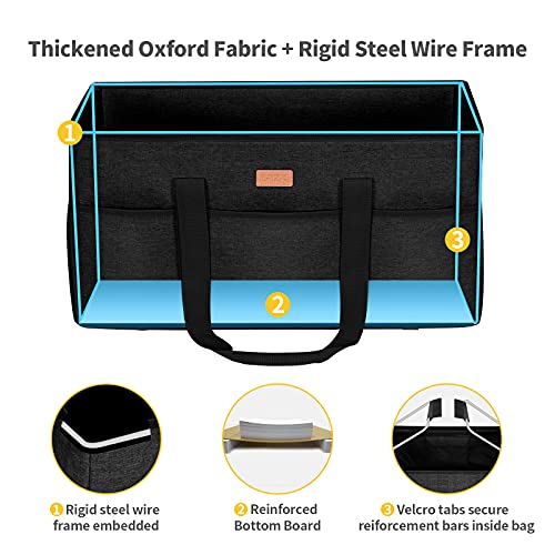 LHZK Stand Up Extra Large Utility Tote Bag with Lid, Utility Tote Bag with Metal Wire Frame and the Sides Rinforced, Reusable Grocery Bags Foldable, Beach Bag, Car Tote (Black) - color: Black, size: 22.5''x10.3''x12''-1 Pack