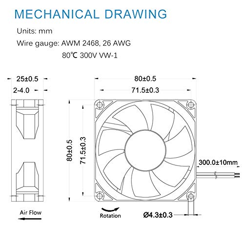 GDSTIME 4500RPM 80mm x 25mm 12V High Speed Dual Ball DC Cooling Fan 2 Pin | Big Airflow, Brushless, PC Computer Case Power Supply Fan, for Wine Cooler, Amplifiers, RV Fridge, Incubator, Electronics - size: 80x25mm