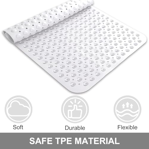 Shower Mat Non Slip, 36" x 24" Large Shower Floor Mat with Drain Holes and Suction Cups, Soft TPE Anti Slip Shower Stall Mats for Inside Shower, Machine Washable, White - color: White