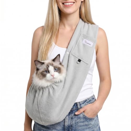 Hands-Free Cat Sling Carrier for Small Dogs & Cats, Soft Fleece | Wide Shoulder Strap for Back Pain Relief, 3-14 lbs Small Animals, Cozy Indoor/Outdoor (Grey) - color: Grey