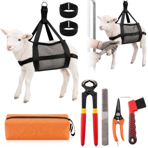 8Pcs 8" Farrier Tool Kit, Hoof Rasp Nipper Trimmer Brush Calf Sling | 8" Hoof Nipper, 300lb Capacity Adjustable Weighing Sling, Storage Bag Included, for Goat, Pig, Sheep, Donkey, Equine, Alpaca - style: Complete Hoof Care Kit