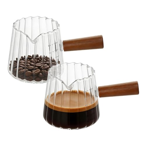 2 Pack Espresso Measuring Cups 6 Oz (180ml), Glass Milk Frothing Pitcher with Wood Handle, V-Shaped Spout with Oz & ML Markings, Heat-Resistant Espresso Shot Cups for Coffee, Milk