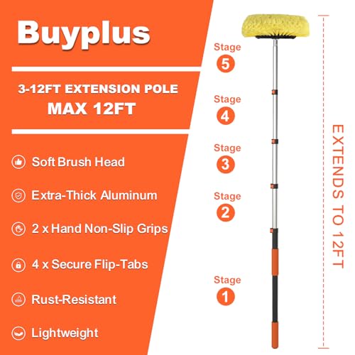 Buyplus 12FT Car Wash Brush with Long Handle, 12-Inch Soft Bristle, with Aluminium Telescoping Pole, for Cleaning Car, SUV, RV, Boats, House Siding, Floors, Solar Panels, and More