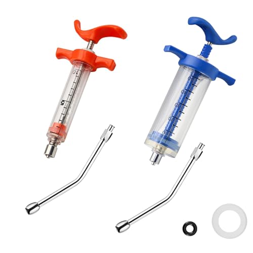 2Pcs Syringe with 2 Drench Nozzle Adjustable Dosage Reusable Drench Gun Syringe for Goat, Horse, Sheep, Dog, Pig, Cat (10ML+50ML) - size: 10ML+50ML
