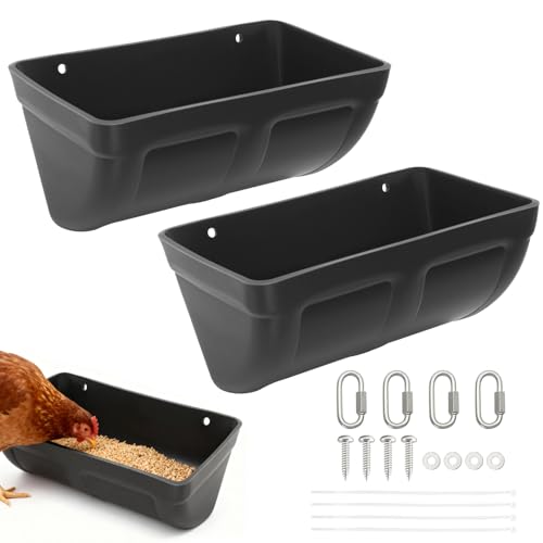 2 Pack Hanging Chicken Feeder Trough for Goat,Sheep,Dog.Livestock Feeding Container Goats Supplies Feeders Waterer Bucket (Black)
