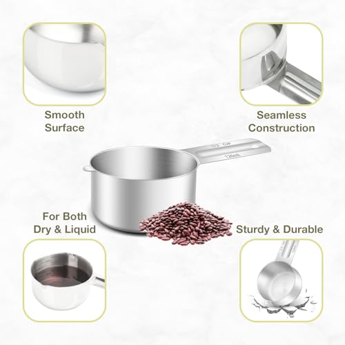 1PCS 1/2Cup (120ml, 4oz) Measuring Cup, Etched Inner Scale Measure Scoop | 18/8(304) Food-Grade Stainless Steel, Seamless One-Piece design, Metric and US Measurement, ‌Rust-Free, Dishwasher-Safe - size: 1/2Cup