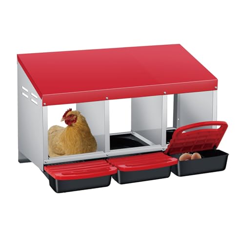 3-Hole Chicken Nesting Box, Roll Away Nest with Removable Tray, Easy Egg Collection & Cleaning, Wall-Mount Nesting Boxes for Hens, Chicken Coop - Red - color: Red-3 Compartments