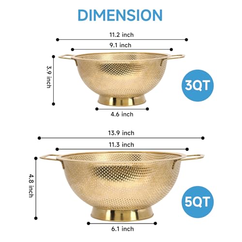 2PCS Gold Strainer for Kitchen, 3QT and 5QT, Stainless Steel Colander with Handle for Fruits Vegetables Cooking Food, Dishwasher Safe - size: 3QT+5QT
