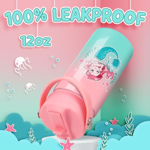 SANDJEST Mermaid Water Bottle for Girls - Kids Water Bottle with Straw Lid - 12 Oz Insulated Stainless Steel Water Bottles - Travel Cup for School Sports - color: Mermaid 2