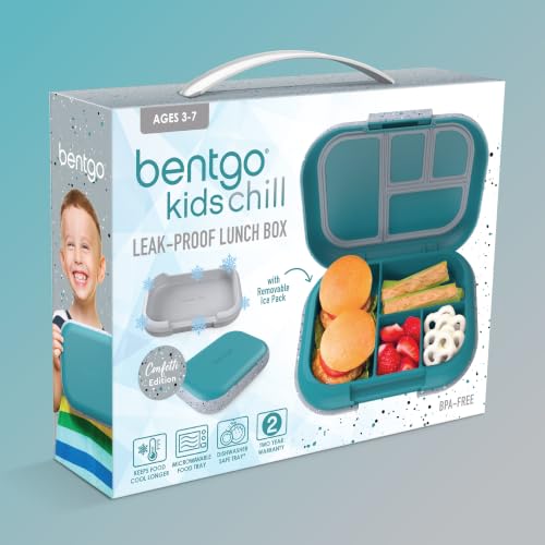 Bentgo Chill Kids 4-Compartment Bento Box Leakproof Lunch Box | Built-In Ice Pack, 3.3 Cup Capacity, BPA-Free, Microwave & Dishwasher Safe Tray, Ideal for Ages 3–7 (Truly Teal) - color: Confetti Edition - Truly Teal