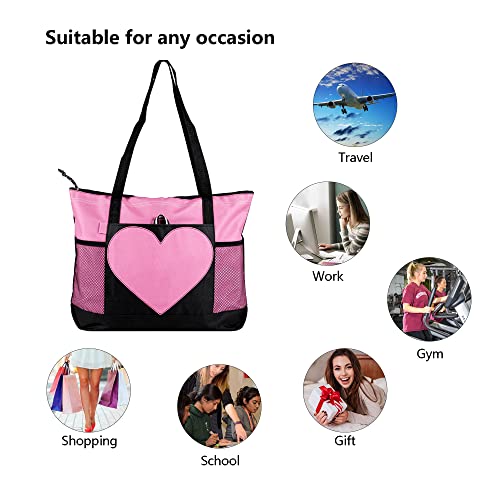 Tote Bag Large Size Shoulder Bag with Zipper, Lightweight Casual Travel Luggage Bag with Two Mesh Pockets for Women - color: Pink