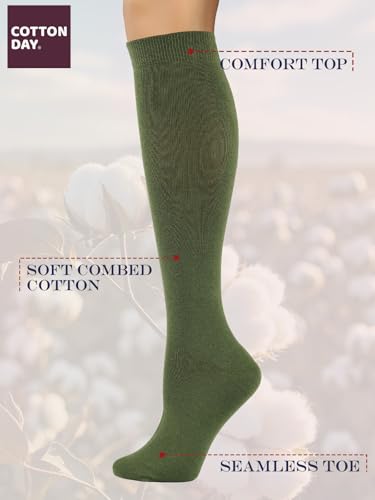 COTTON DAY Women's Soft Combed Cotton Knee High Socks Seamless Toe 3 Pack - color: Green 3 Pack, size: Medium-Large
