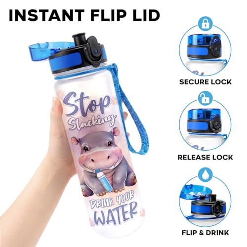 Cute Hippo Hydration Water Bottle 32oz, Stop Slacking Drink Your Water Motivational Bottle, Funny Hippopotamus Animal Gift for Women, Hippo Lover Gifts - color: Hippo