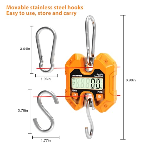 GRAM PRES Digital Hanging Scale - 660LB/300KG, Mini Crane Scale for Deer Hunting, Farm, Fishing, Meat, Game, Luggage, Outdoor