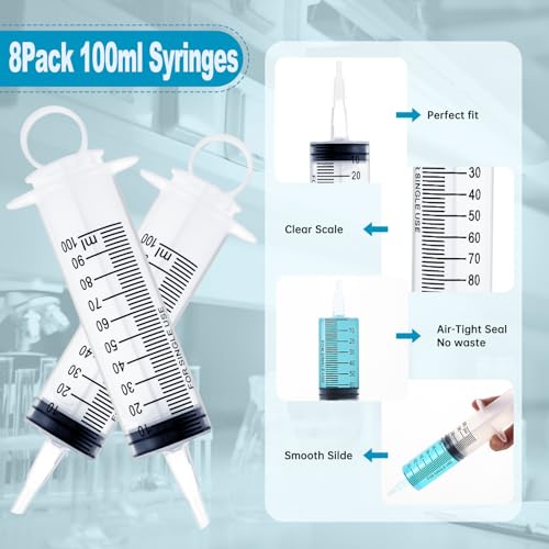 8 Pack 100ml Plastic Syringe for Scientific Labs, Dispensing, Measuring, Watering, Refilling, Multiple Uses - size: 100ml-8Pack