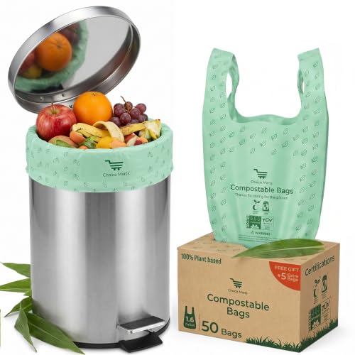 50 Home Compostable Trash Bags 1.6 Gallon Easy Tie Handles | Certified Home Compostable, Leak Resistant Kitchen Compost Bags, Easy Tie Handles, Fits Most Countertop Bins