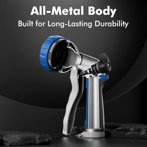 RESTMO Garden Hose Nozzle, Heavy Duty Metal Water Hose Nozzle with 7 Adjustable Spray Patterns, High Pressure Hand Sprayer with Flow Control, Best for Watering Plant & Lawn, Washing Car & Pet, Blue - color: Blue