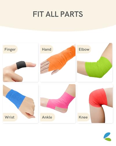 FriCARE Self Adhesive Bandage Wrap, Medical Tape in First Aid Kit, Sporty | Elastic Cohesive Bandages for Sports/Vet/Wrist Ankle Wounds, 2 Inches X 5 Yards, Latex-free 6 Rolls - color: 6 Sporty Color