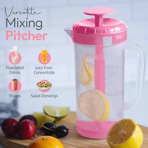 1 Quart Plastic Mixing Pitcher with Mixing Lid, BPA Free, Shatterproof Beverage Jug for Iced Tea, Lemonade, Juices, Milk – Leak-Proof, Easy Stirring, Dishwasher Safe | Pink - color: Pink, Mixing Pitcher w/ Opt. Lid