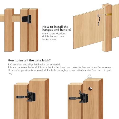 Fence Gate Hardware Kit, 3-1/2" Heavy Duty Gate Hinges, Latch and Handle | 2 Pack T Hinges, Self Locking Gate Latch, Decorative Cate Handle, Included Screws, Black, HOME MASTER HARDWARE