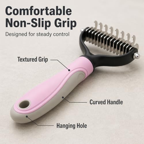 Pet Pro Grooming Tool, 2-In-1 Double-Sided Grooming Tool, Sided Deshedding Dematting Tool, Undercoat Rake for Dogs & Cats, Extra-Wide Dog Grooming Brush & Deshedder Comb for Long Hair(Blue + Pink)