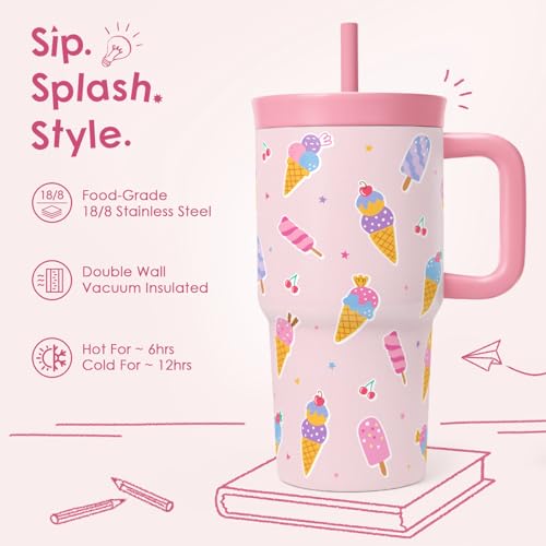 SANDJEST Ice Cream Stainless Steel Tumbler 20oz with Handle and Silicone Straw Locking Lid for Kids Girls, Birthday Christmas Back to School - color: Ice Cream