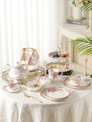 15 Piece British Bone China Tea Cup Sets, Elegant red Rose Pattern, Cups and Saucers Service for 4, with Teapot Sugar Bowl Cream Pitcher Teaspoons for Tea/Coffee, Gifts Set for Adults. - color: White and Red