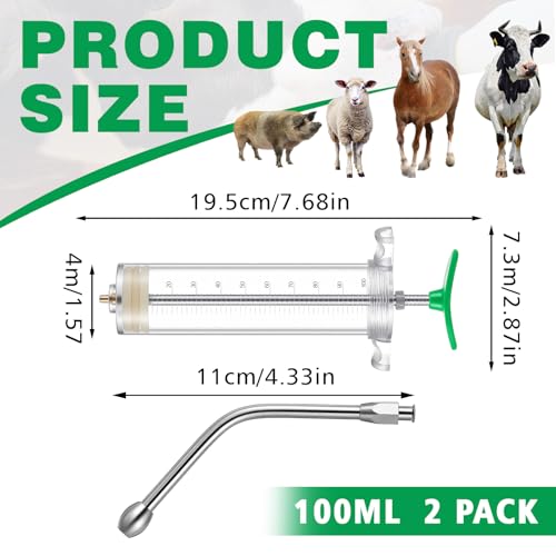 Threlaco 100ml 2 Pcs Drench Gun for Goats, Sheep & Cattle, Green | Reusable Large Goat Drench Syringe, Adjustable Veterinary Medicine Feeding Syringe, Continuous Dosing for Livestock, Horse - color: Green, size: 100ml