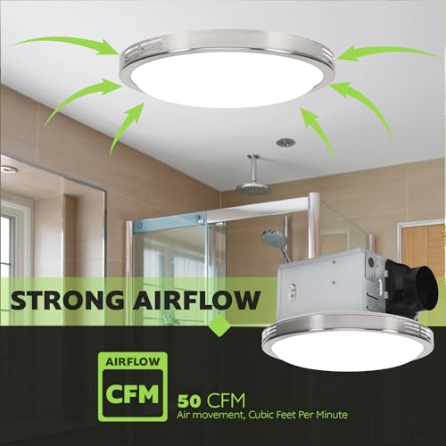 Homewerks 7105-07 Bathroom Fan with LED Light Ceiling Mount Exhaust Ventilation Silent 2.5 Sones 100 CFM, Decorative Brushed Nickel Trim - color: 100 CFM Brushed Nickel