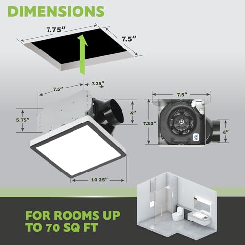 Homewerks 70 CFM Bathroom Exhaust Fan with LED, Matte Black Trim | 1.0 Sones, for Rooms Up to 70 sq ft, Magnetic Trim, Galvanized Steel, EasyAnchor Install, Bathroom Vent Fan with Light - color: 70 CFM Matte Black