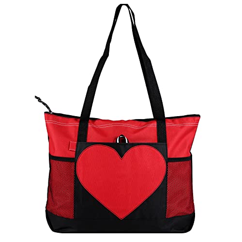 Tote Bag Large Size Shoulder Bag with Zipper, Lightweight Casual Travel Luggage Bag with Two Mesh Pockets for Women - color: Red