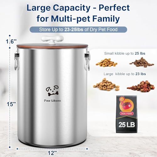 Paw Libero 2PK 25 Lbs total 50 Lbs Stainless Steel Dog Food Storage Container with Airtight Wooden Lid & Ceramic Bone Handle, Large Metal Dog Food Bin for Dogs & Cats - size: 25 lbs - 2pk