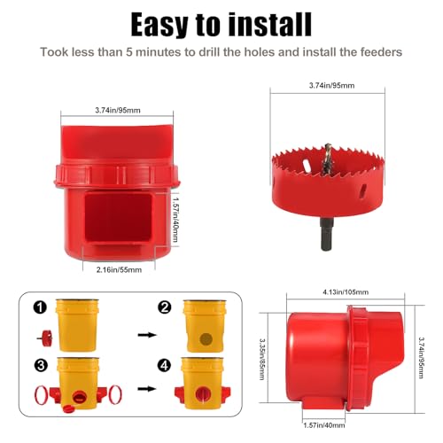 Chicken Feeder No Waste, 10 Ports Automatic Poultry Feeder with Covers & Hole Saw, Rain Proof Chicken Feeder Port for Buckets, Bins & Barrels - color: Red