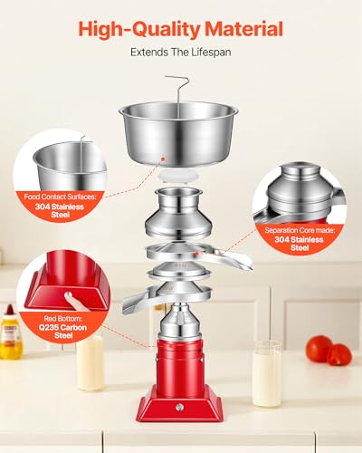 VEVOR Electric Milk Cream Separator, 60L/H Output 10500RPM Milk Cream Centrifugal Separator, 304 Stainless Steel Goat Cow Milk Skimmer Separating Machine with 4.5L Bowl Capacity (40W, 100-240V) - size: Square Base
