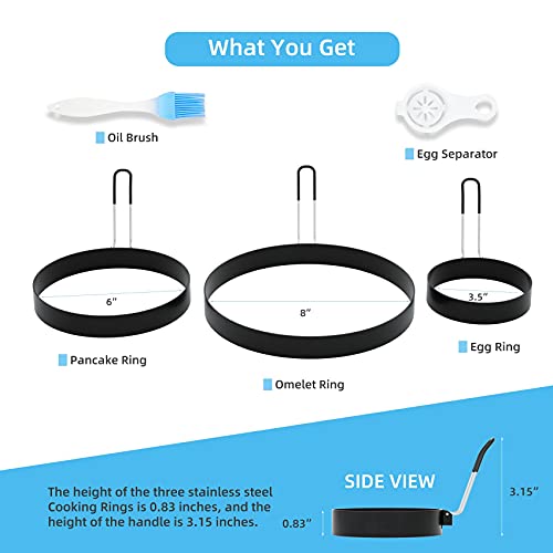 8 Inch Omelette Ring, 6 Inch Pancake Ring and 3.5 Inch Egg Ring | Upgrade 3 Pack Assorted Size Nonstick Stainless Steel Round Cooking Rings Molds with Oil Brush & Egg Separator for Griddle - size: 3 Pack Egg, Pancake & Omelet Rings